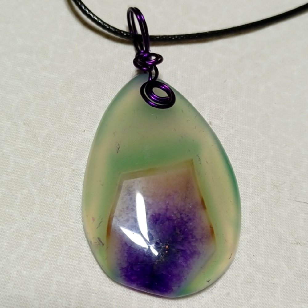 Green purple agate pendant necklace handmade teardrop glowy jewelry statement